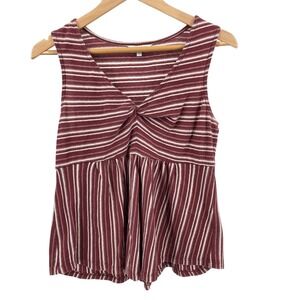 Lucky Brand Striped Tank Top Sleeveless Twist‎ Front Burgundy White Medium